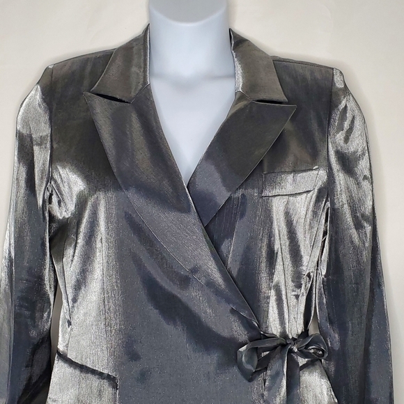 Gantos Silver Metallic Tie Front Blazer Size 14 Evening Jacket Mini Dress - Picture 2 of 15